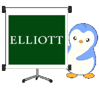 a penguin is standing next to a display board that says elliott