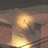 a pixel art drawing of a snowy landscape with a light shining on a building