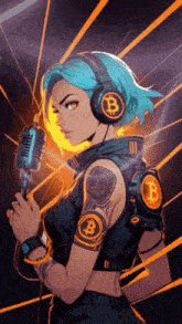 a woman wearing headphones and holding a microphone with the letter b on her arm