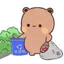 a cartoon bear is standing next to a recycling bin and a bag of trash .