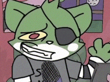 a cartoon of a green cat with a microphone in its hand .