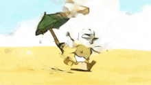 a cartoon of a duck and a seagull on a beach with a bucket that says " angry "