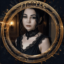a woman in a black dress is in a gold circle with the word fortes on it