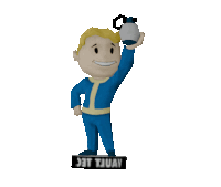 a figurine of vault boy holding a grenade with a sign that says tjuav on it