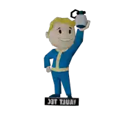 a figurine of vault boy holding a grenade with a sign that says tjuav on it