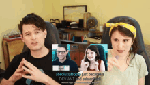 a man and a woman sit in front of a screen that says absolutiafroste just became deviant and subscribed