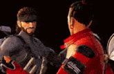 a man in a red jacket with the letter s on it stands next to another man