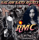 a poster for rmc rock metal community with a skull giving the middle finger