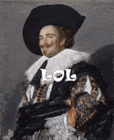 a painting of a man wearing a black hat and a white collar with the word lol on it