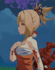 a girl with a ponytail is smiling and wearing a kimono
