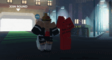 a video game character is standing next to a red item that says " join round "