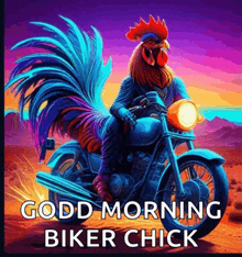a rooster riding a motorcycle with the words good morning biker chick