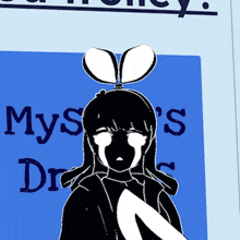 a black and white drawing of a girl with a bow on her head and the words " mys 's dress "