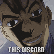 a close up of a man 's face with the words this discord above it