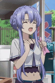 a girl with purple hair is standing in front of a sign that says ' ice '