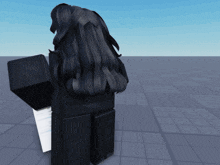 a cartoon character with long black hair is standing on a gray tiled floor