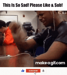 a gif of a man with headphones and the words " this is so sad please like & sub " on the bottom