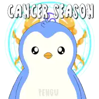 a blue and white penguin with the words cancer season behind it