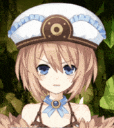 a girl with blue eyes wearing a white hat and a blue ribbon around her neck