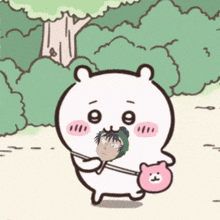 a cartoon bear is holding a stick with a picture of a person in it .