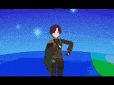 a 3d anime character is standing in front of a blue sky .