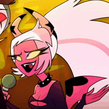 a cartoon character is singing into a microphone while wearing a choker .