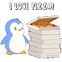 a penguin standing next to a stack of pizza boxes with the words i love pizza written above it
