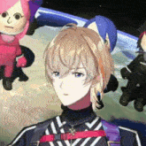 a man with blonde hair and blue eyes stands in front of a stuffed animal