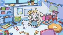 a pixel art drawing of a girl holding a dog in a messy room