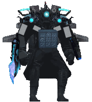 a robot with a sword and speakers on it