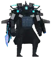 a robot with a sword and speakers on it