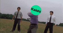 three men are standing in a field with a green circle that says kalshi