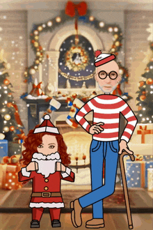a man in a striped shirt stands next to a little girl dressed as santa