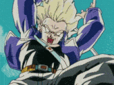 a cartoon character with a purple jacket and a belt that says o on it