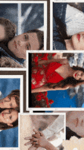 a collage of pictures shows a man and a woman in a red dress
