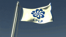 a white flag with a blue flower and the word cplp on it