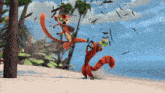 a cartoon of a squirrel kicking another squirrel on the beach