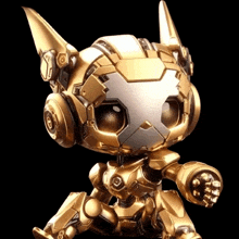 a gold robot with headphones on its head has the letter o on its face