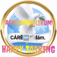 a picture of a dove with a leaf in its beak and the words " happy tasking "