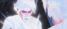 a painting of a man with white hair and a sword in his hand
