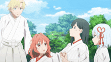 a group of anime characters standing next to each other including a girl with red hair