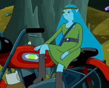 a cartoon character is sitting on a red motorcycle