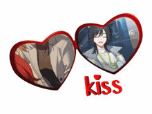 a picture of a man and a woman with the word kiss in red