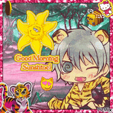 a good morning sunshine greeting card with a tiger and a yellow flower