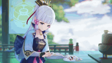 a girl with white hair and a crown on her head is holding a plate