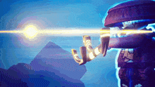 a cartoon character is holding a sword and a light is coming out of it