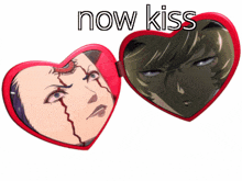 a couple of heart shaped mirrors with the words now kiss written on them