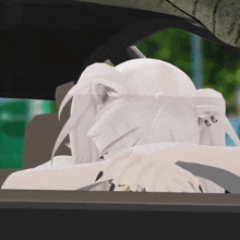 a computer generated image of a person sitting in a car looking out the window