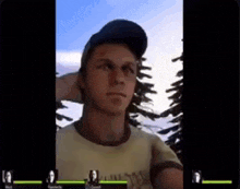 a man wearing a baseball cap and a yellow shirt is standing in front of a forest .