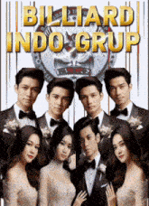 a group of men and women standing next to each other with the words billiard indo grup above them